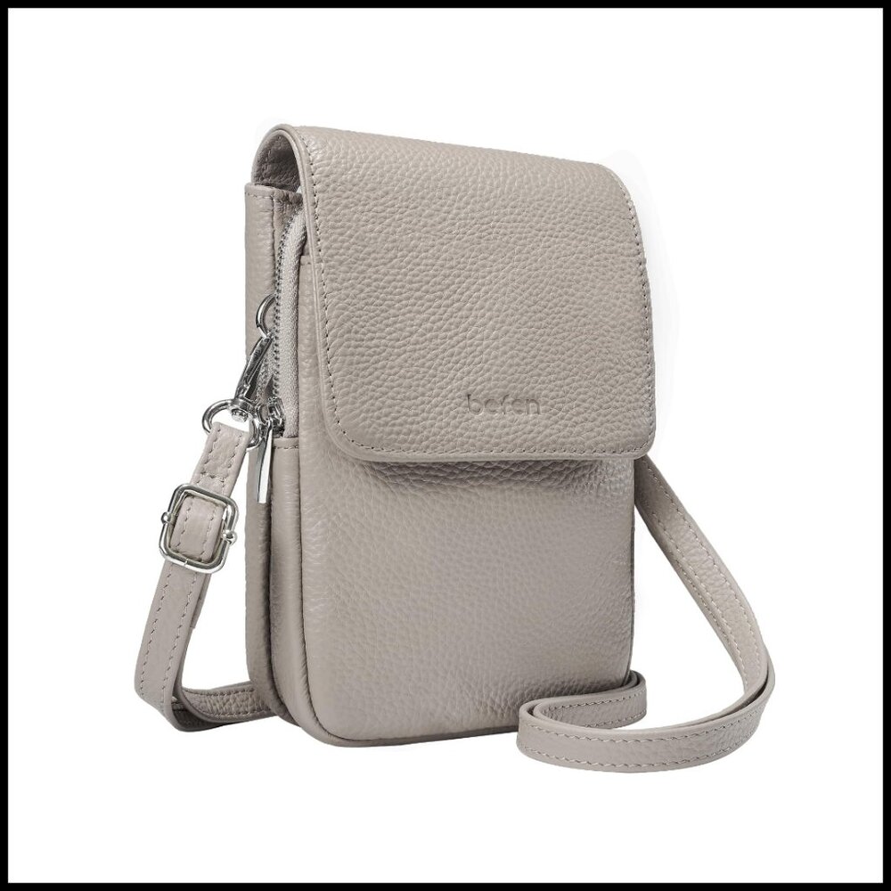 Compact Pebbled Crossbody Phone Bag in Light Taupe